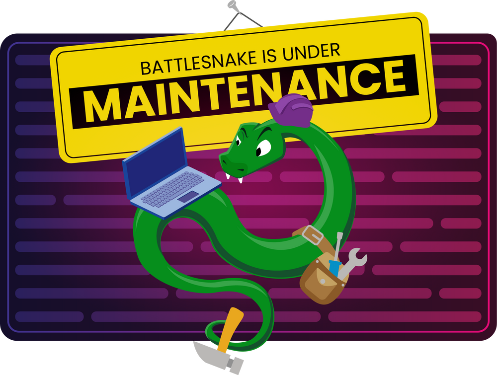 Image of at construction-worker Battlesnake with a laptop, hardhat, and tools, with the text &#39;Battlesnake is under maintenance&#39;.