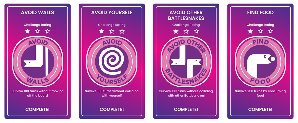 Cards for each of the Training Program challenges: Avoid Walls, Avoid Yourself, Avoid other Snakes and Find Food