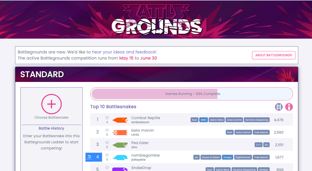 A screenshot of the &#39;Battlegrounds&#39; which show the top 10 Battlesnakes and controls to join.