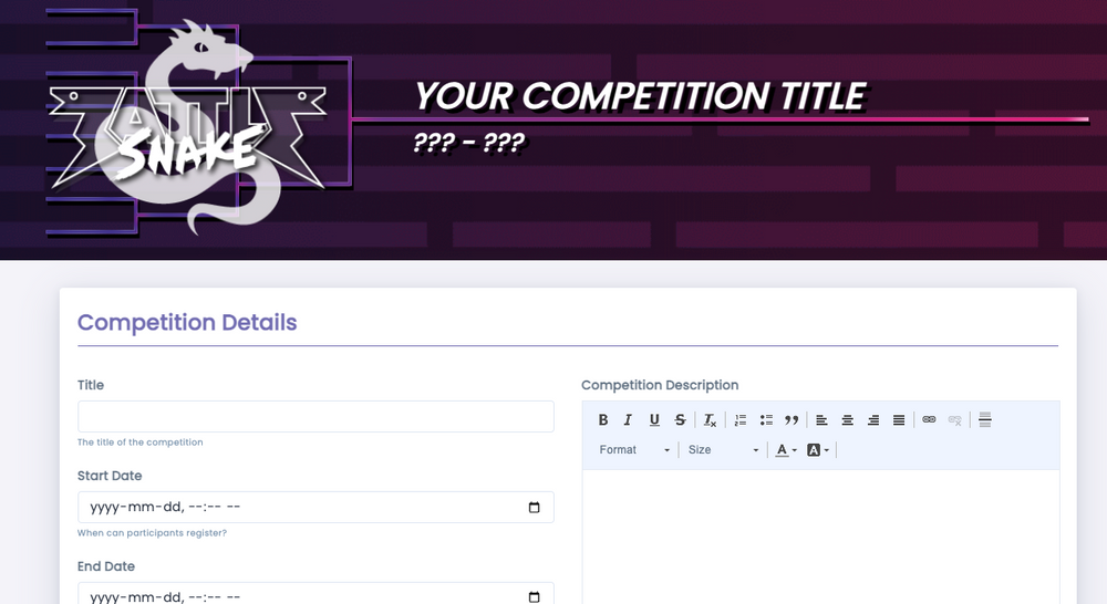 A screenshot for creating a Battlesnake competition, includes a form to collect title, dates, and description