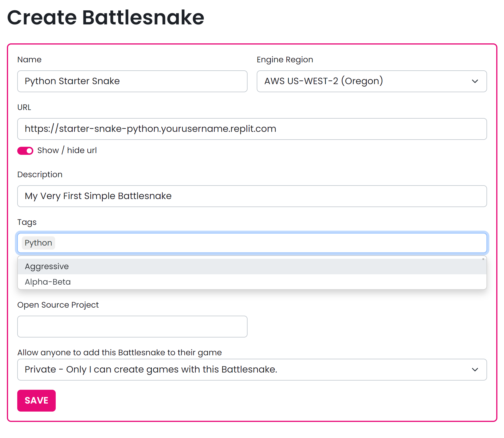 Form for registering a Battesnake